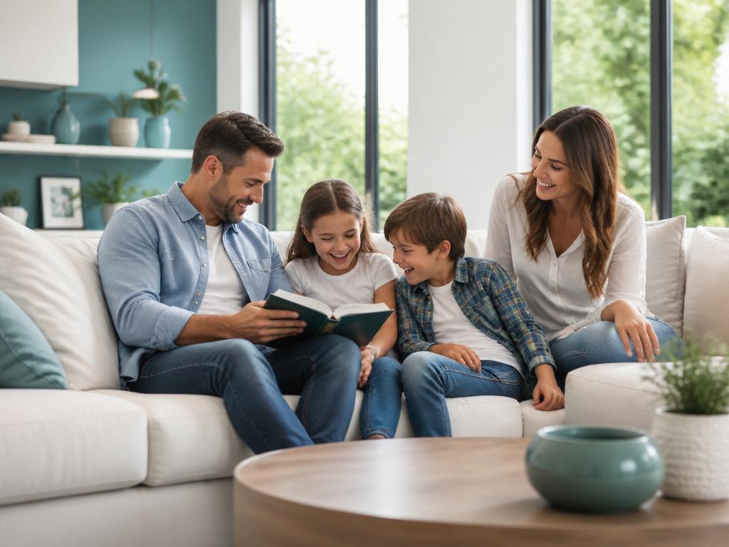 Famiglia felice che legge in soggiorno con aria pulita